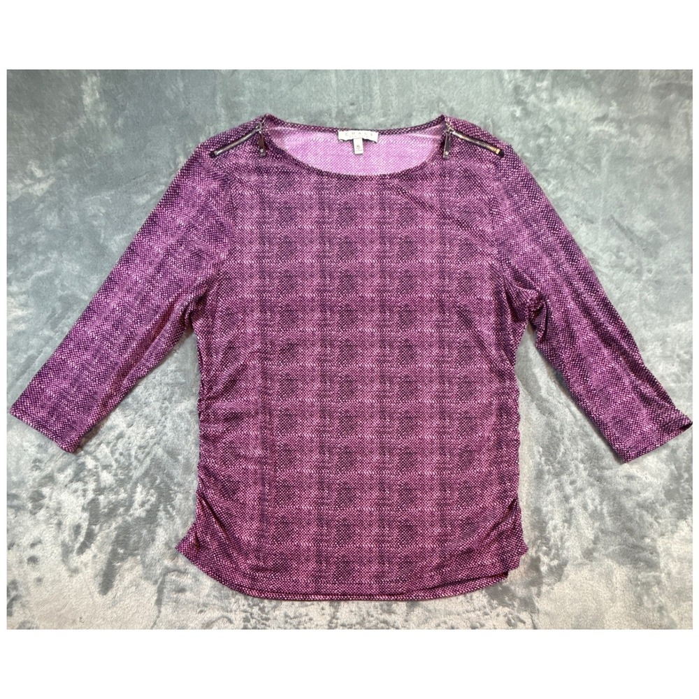 Chaus New York Purple Abstract Ruched Side Zipper Shoulder 3/4 Sleeve Top XL